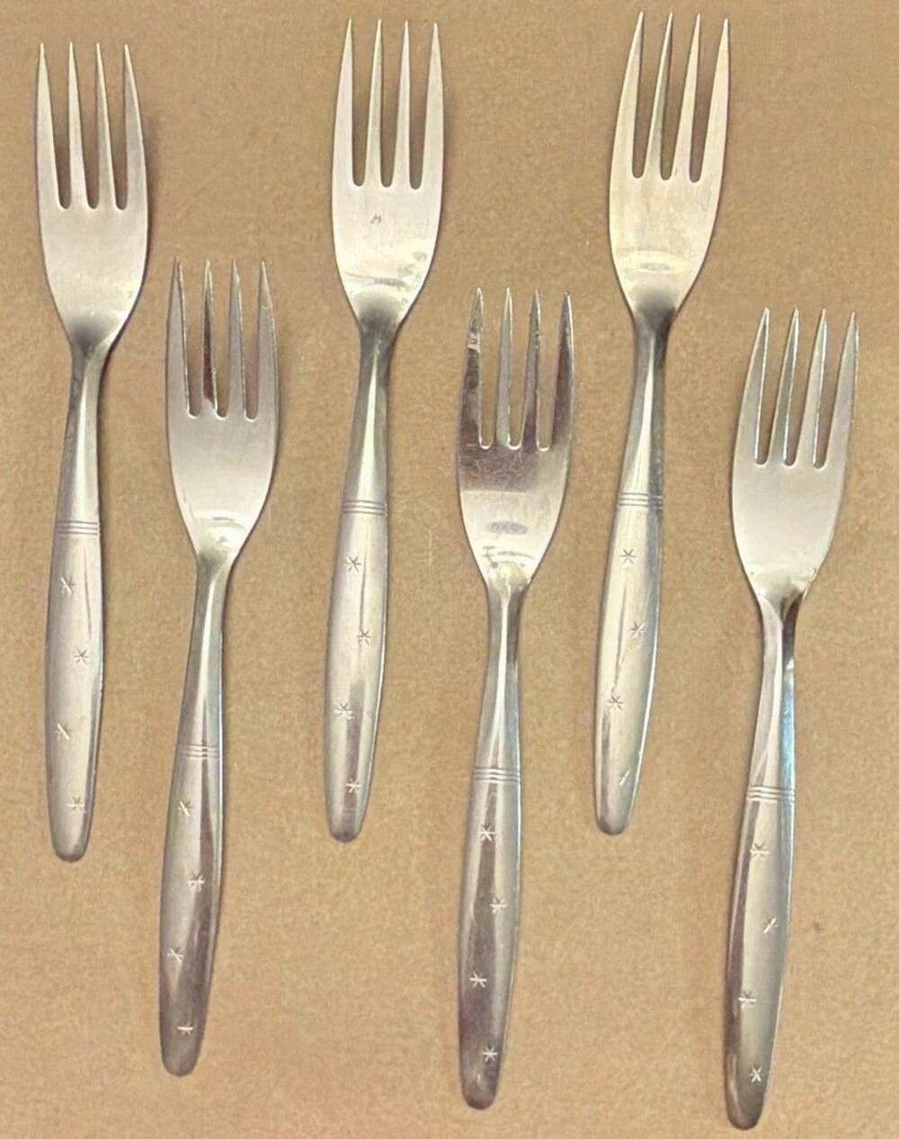 Starflyte Washington Forge Stainless Starburst 7.5”Dinner Forks MCM 6-pc VTG